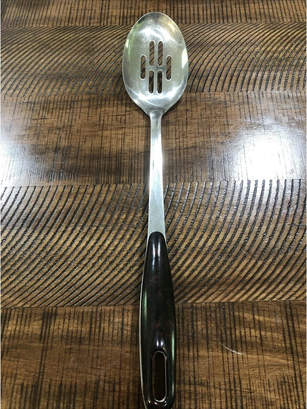 Vtg 14” Stainless Steel Slotted Serving Spoon Faux Tortoiseshell/ Marbled Handle